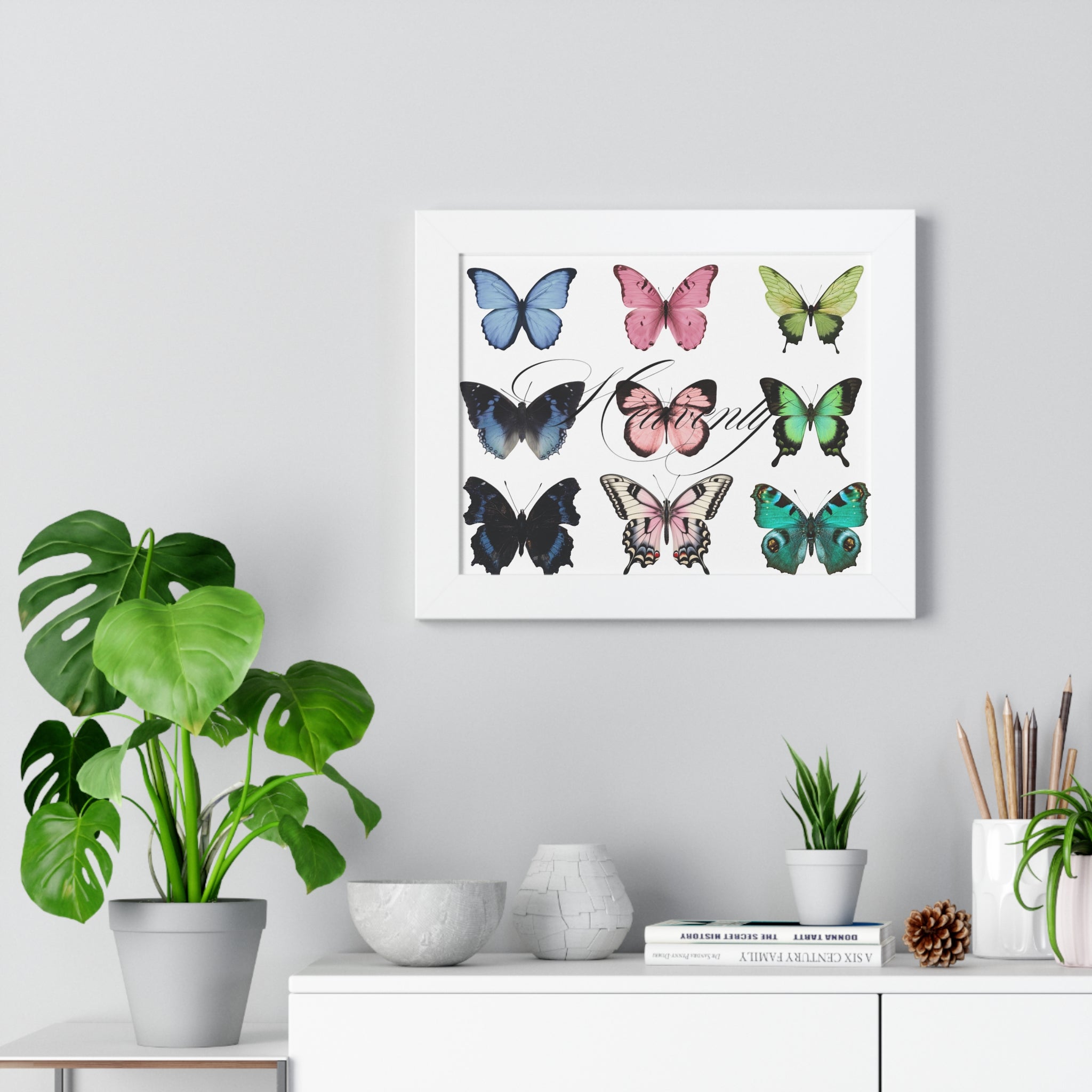 Aesthetic Framed Butterfly Art Print — Horizontal Framed Poster with Colorful Butterfly Illustrations