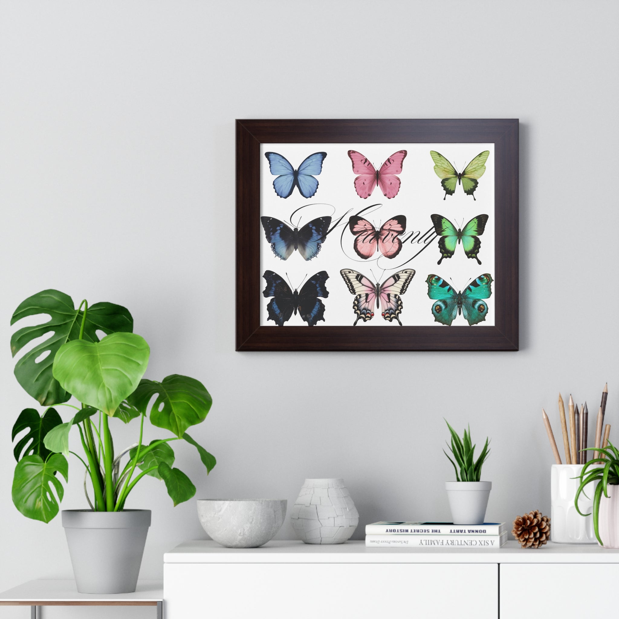 Aesthetic Framed Butterfly Art Print — Horizontal Framed Poster with Colorful Butterfly Illustrations